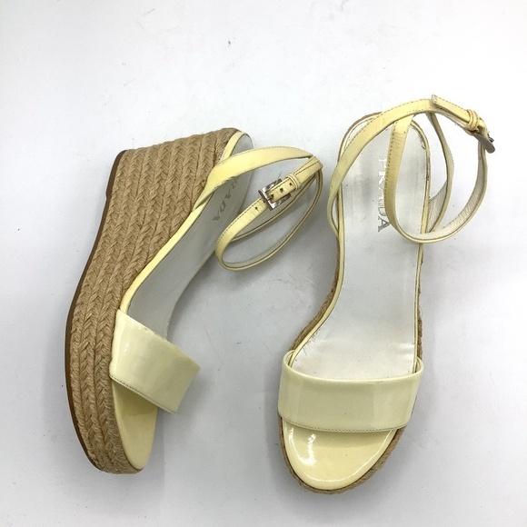 Prada Patent Leather Espadrille Platform Wedge Sandals Made in Italy Sz 6 - Picture 1 of 14
